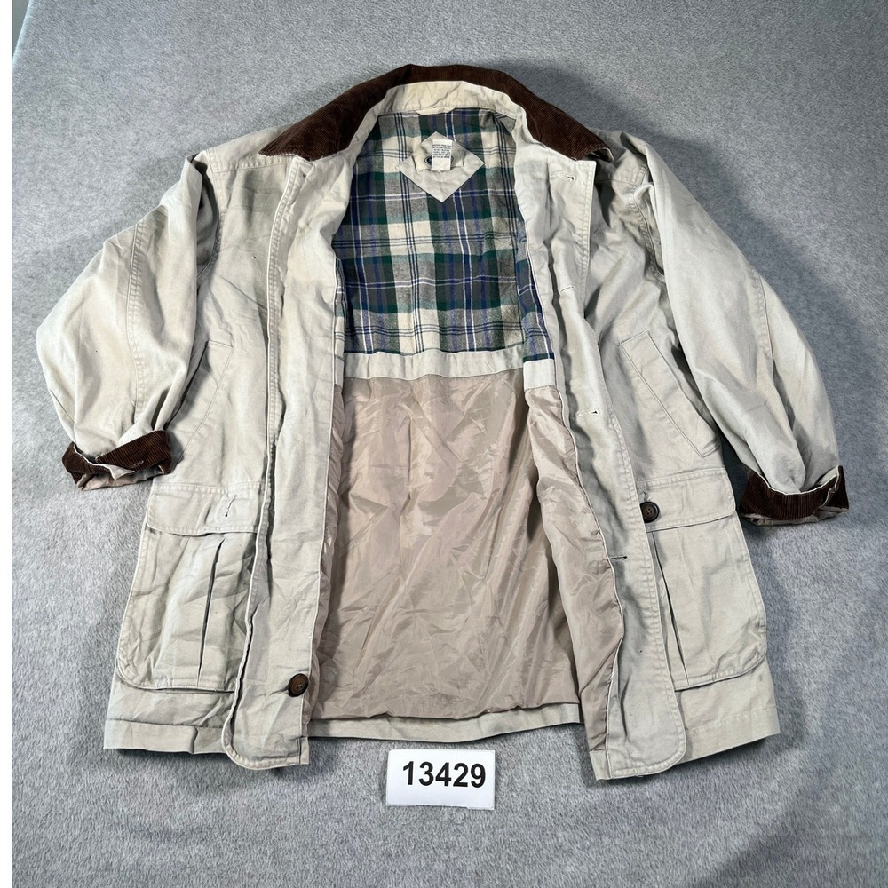 Vintage Barn Coat Mens S Tan Good Canvas Corduroy Plaid Lined Field Jacket